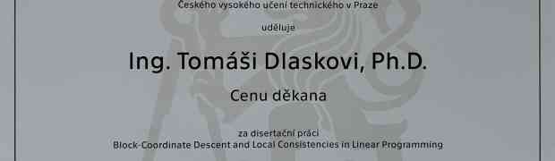 Tomáš Dlask received the Dean´s Award for prestigious dissertation